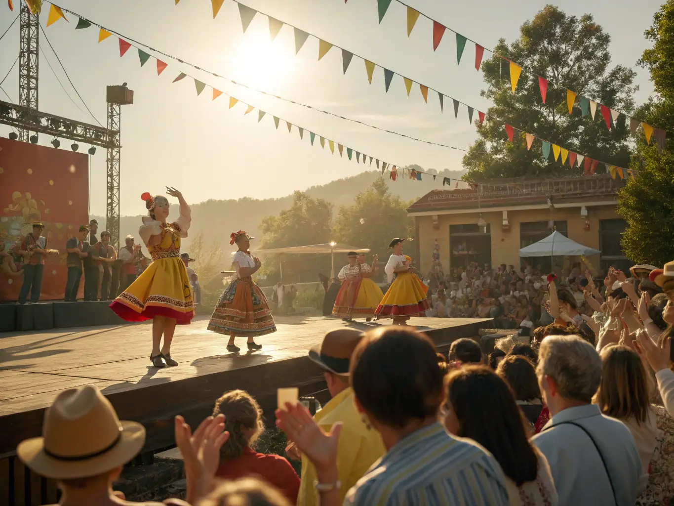 A vibrant scene from a local cultural festival organized by CULTURE TON PATRIMOINE, featuring traditional music, dance, and crafts.