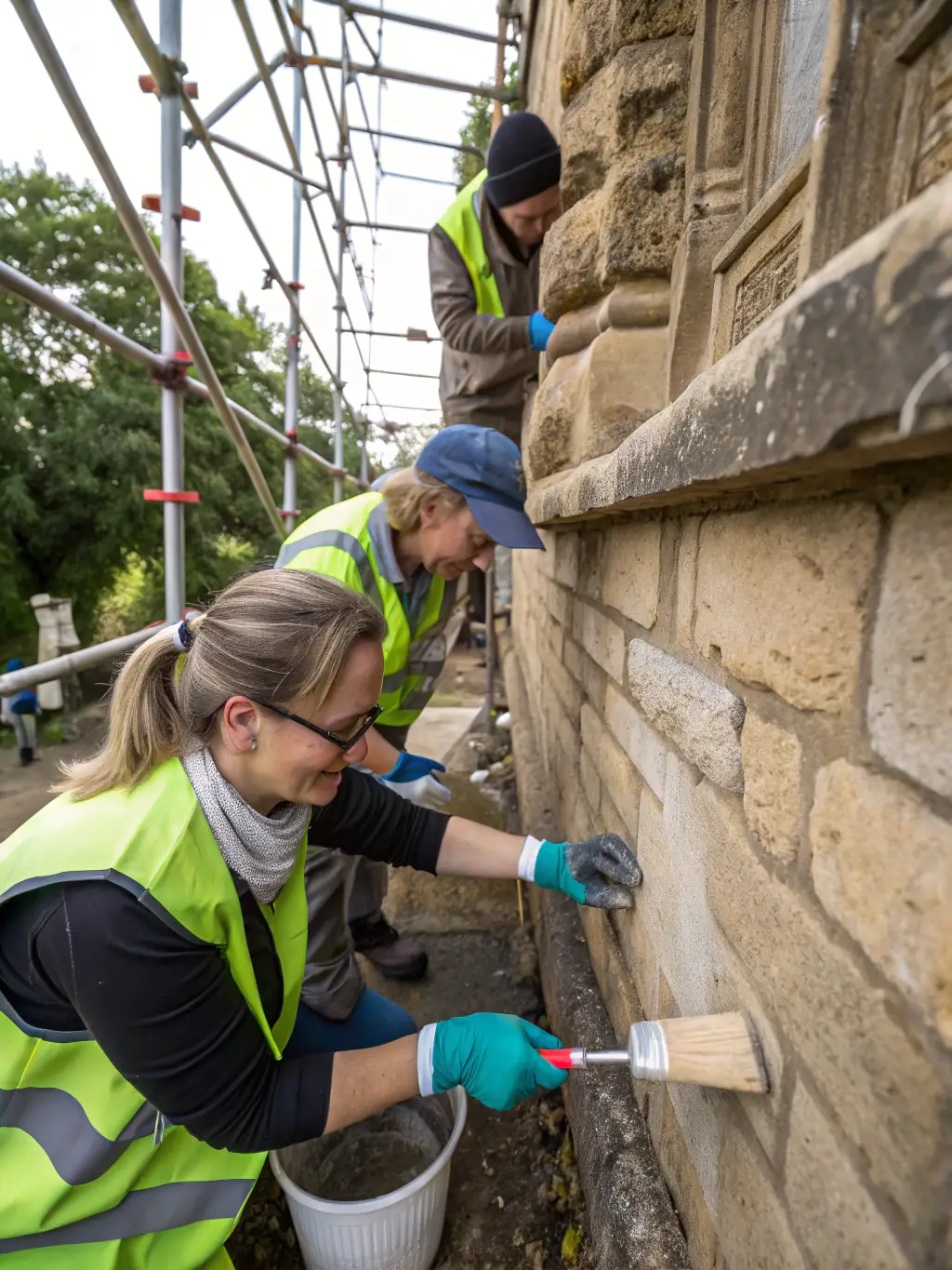 A photograph capturing volunteers working on the exterior facade of an old stone building, showcasing the heritage renovation efforts of CULTURE TON PATRIMOINE.