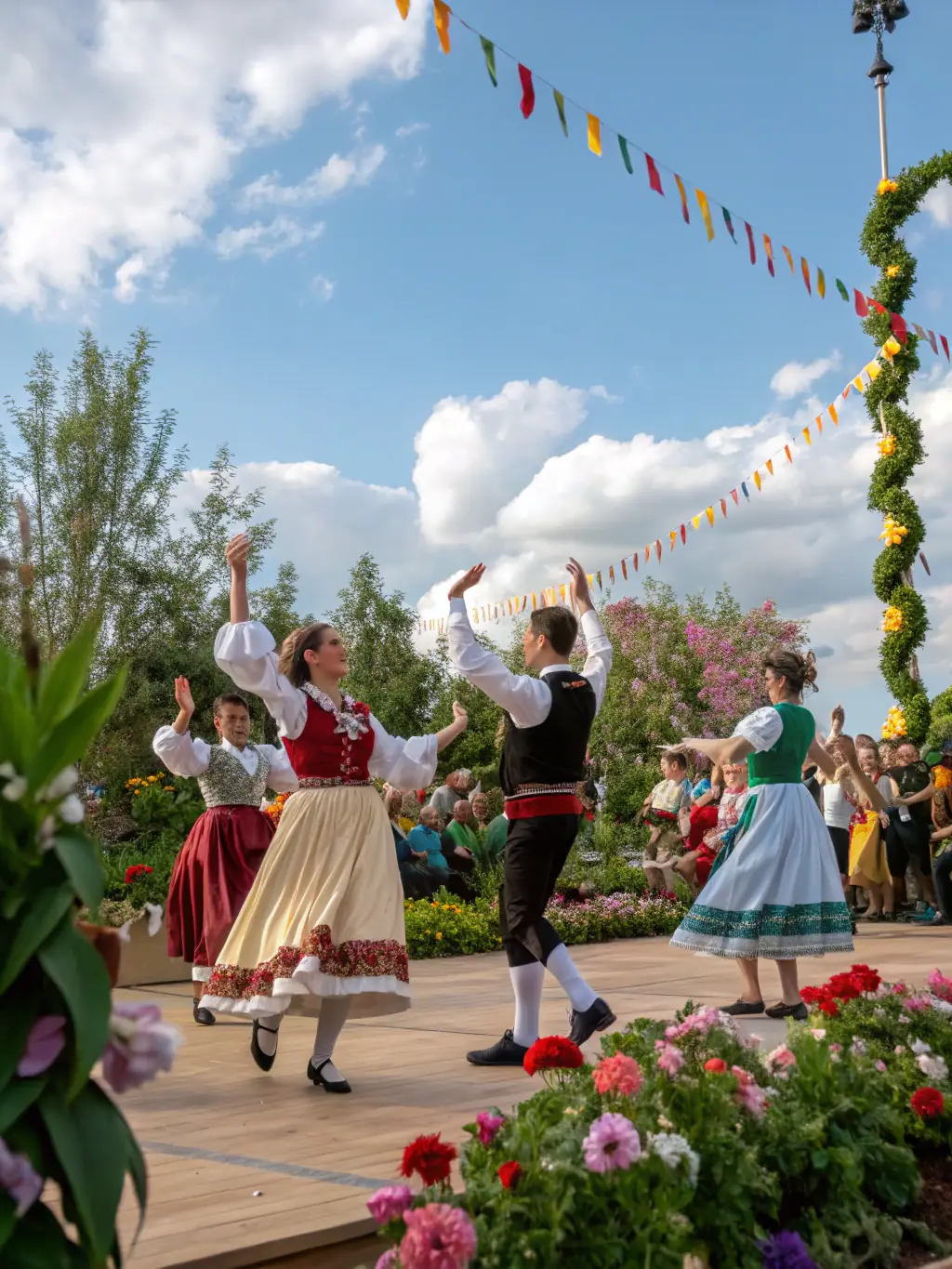 A photo showing community members gathered at a restored historical site during a cultural festival, with traditional music and dance performances in the background.