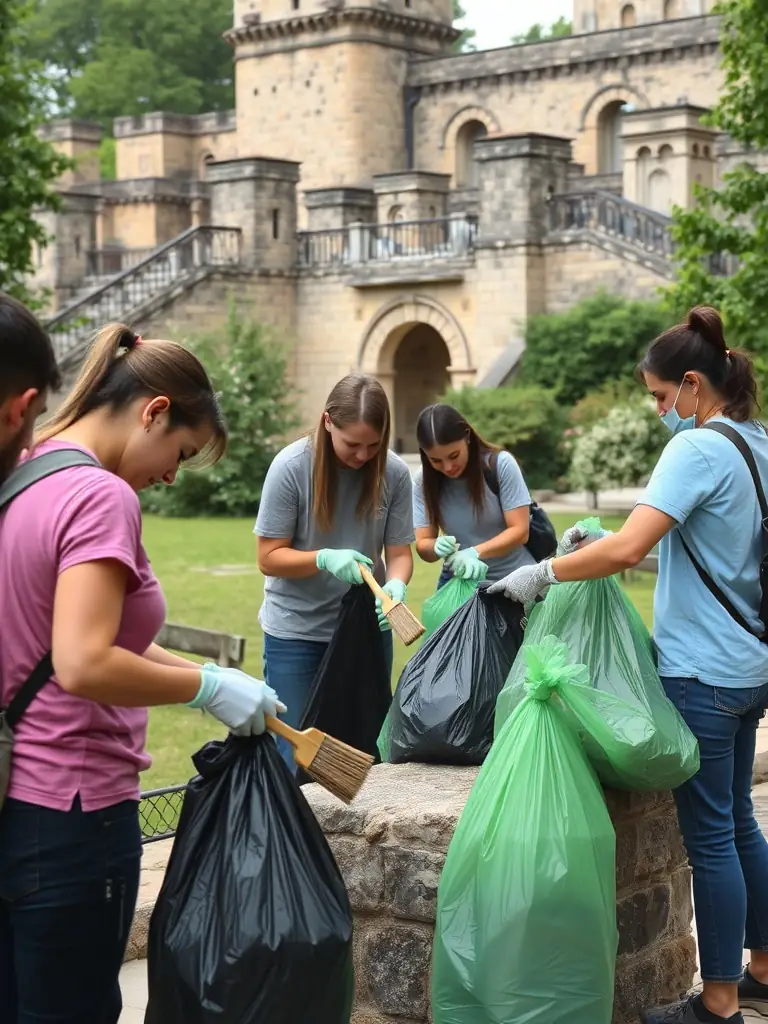A picture of volunteers working together to restore a historical monument, showing the collaborative effort and dedication to preserving local landmarks.