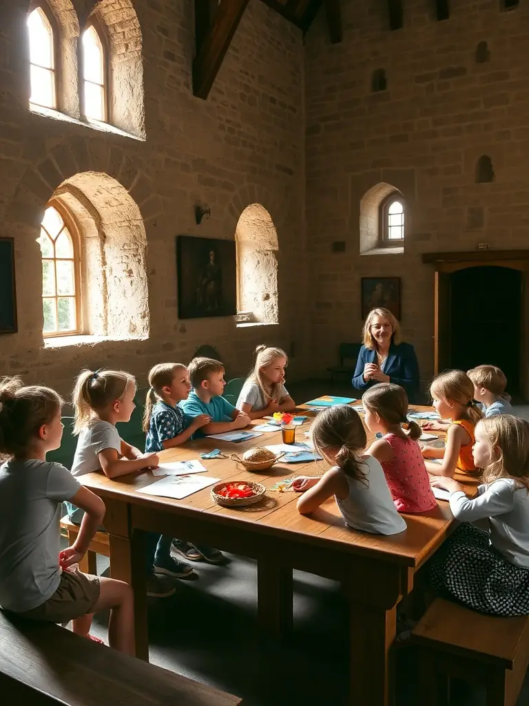 A photograph capturing a group of local children participating in a heritage education workshop, learning about traditional crafts and the history of their region, set in a renovated historical building.