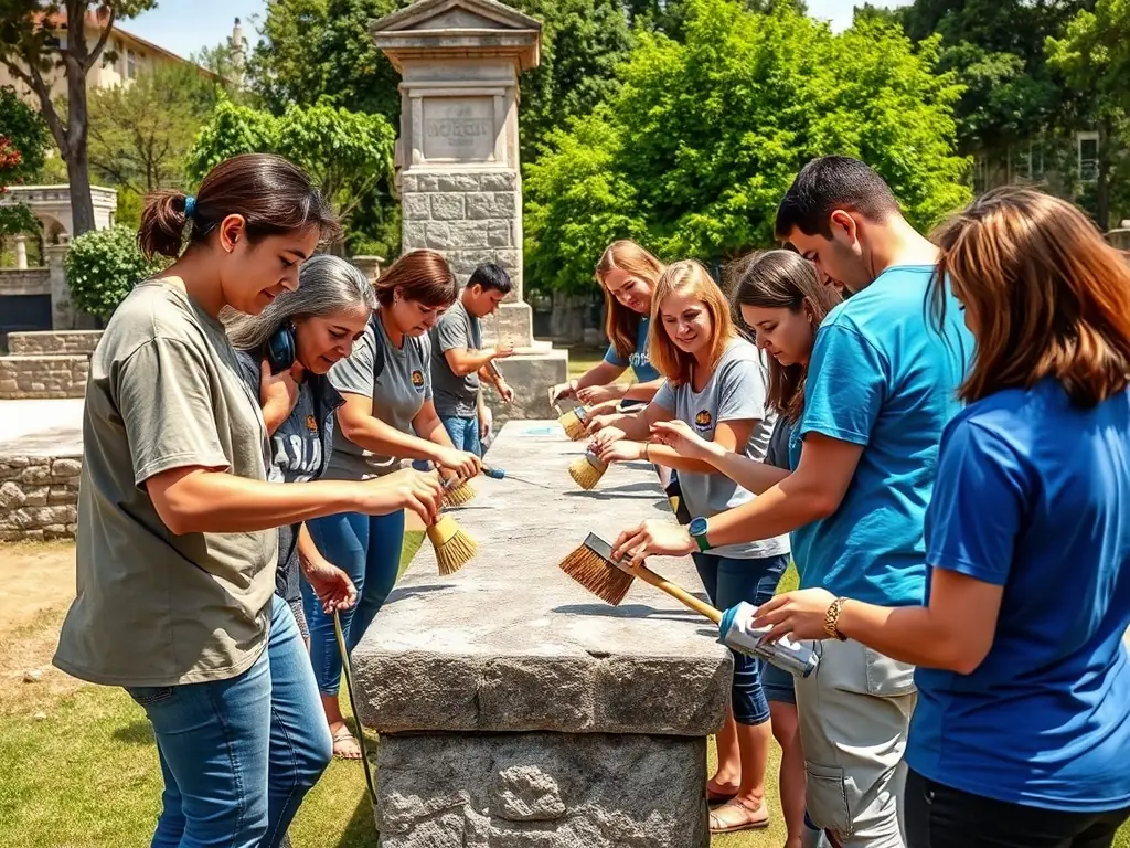 A group of volunteers working together to restore an old stone building, showcasing the heritage renovation efforts of CULTURE TON PATRIMOINE.